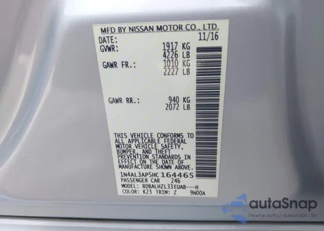 2017 Nissan Altima 2.5 from USA, damaged, VIN 1N4AL3AP5HC164465